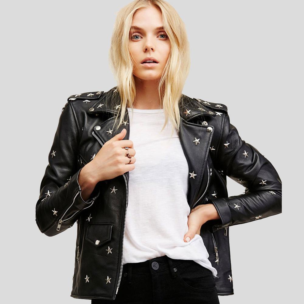 Khloe Black Studded Leather Jacket - Shearling leather