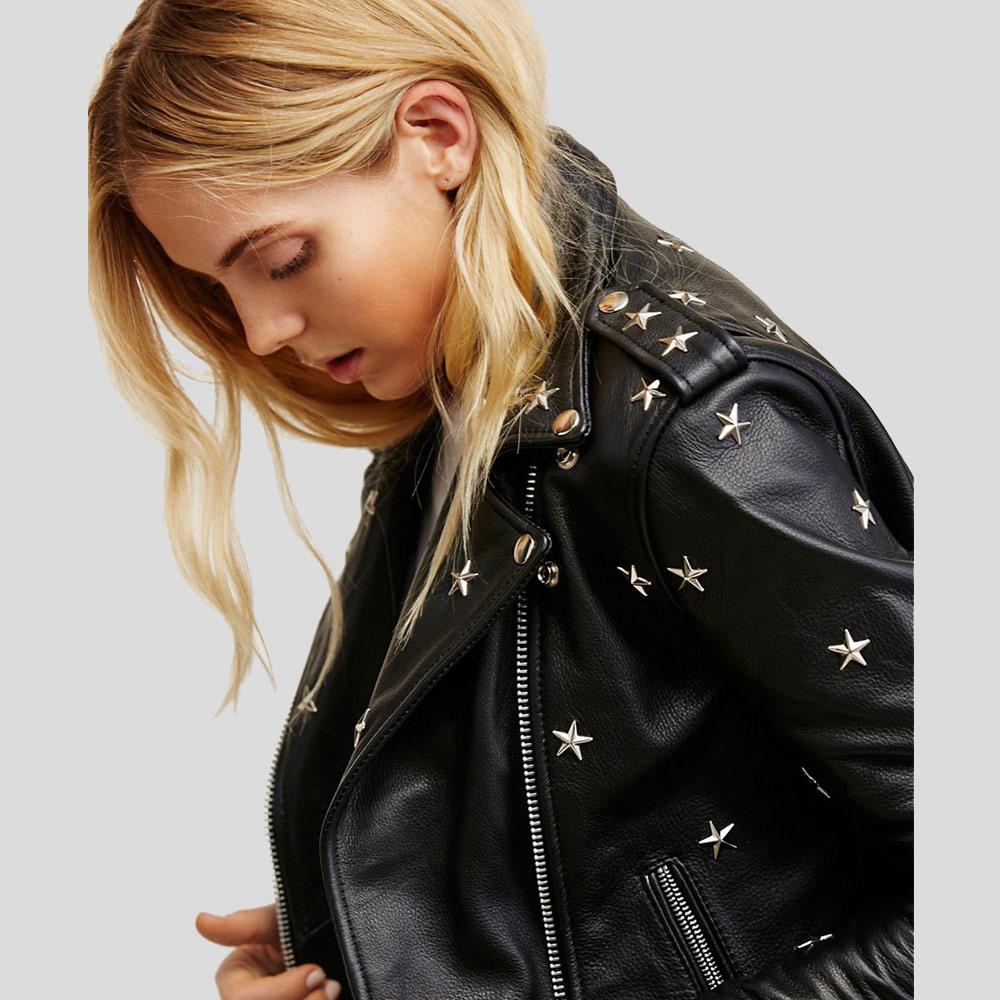 Khloe Black Studded Leather Jacket - Shearling leather