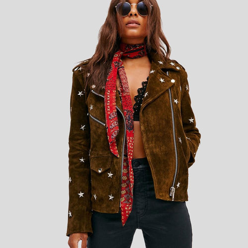 Melody Brown Studded Suede Leather Jacket - Shearling leather