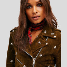 Load image into Gallery viewer, Melody Brown Studded Suede Leather Jacket - Shearling leather
