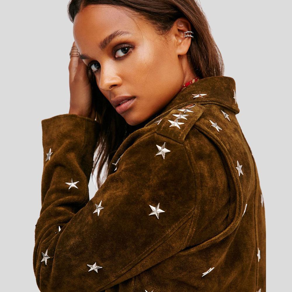 Melody Brown Studded Suede Leather Jacket - Shearling leather