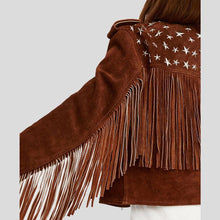 Load image into Gallery viewer, Nora Brown Studded Suede Leather Jacket Fringes - Shearling leather
