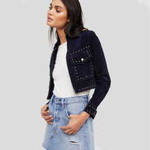 Load image into Gallery viewer, Eliza Blue Studded Suede Leather Jacket - Shearling leather
