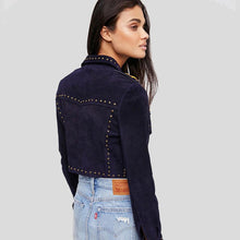 Load image into Gallery viewer, Eliza Blue Studded Suede Leather Jacket - Shearling leather
