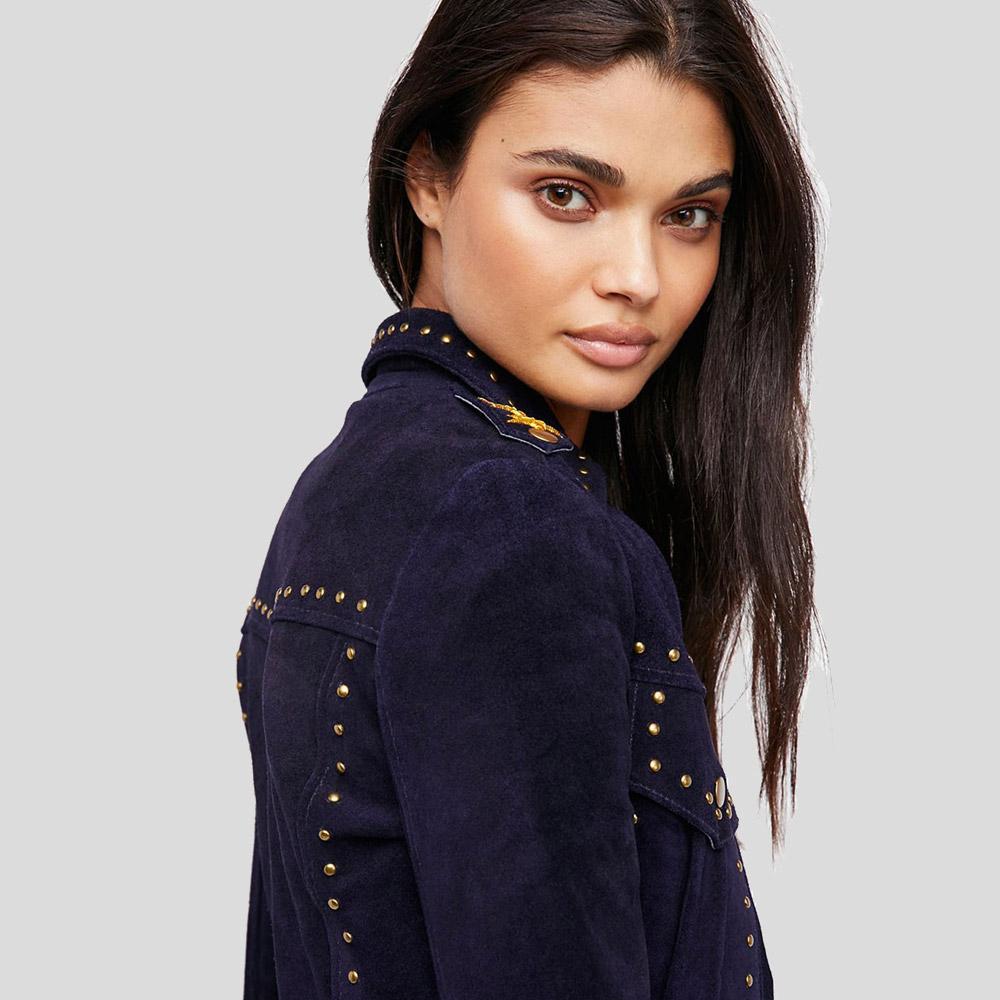 Eliza Blue Studded Suede Leather Jacket - Shearling leather