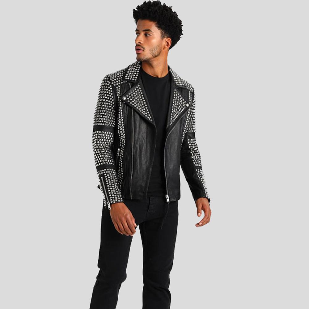 Jaxon Black Studded Leather Jacket - Shearling leather