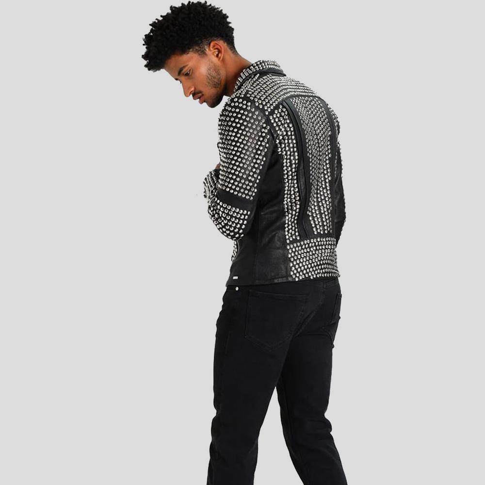 Jaxon Black Studded Leather Jacket - Shearling leather