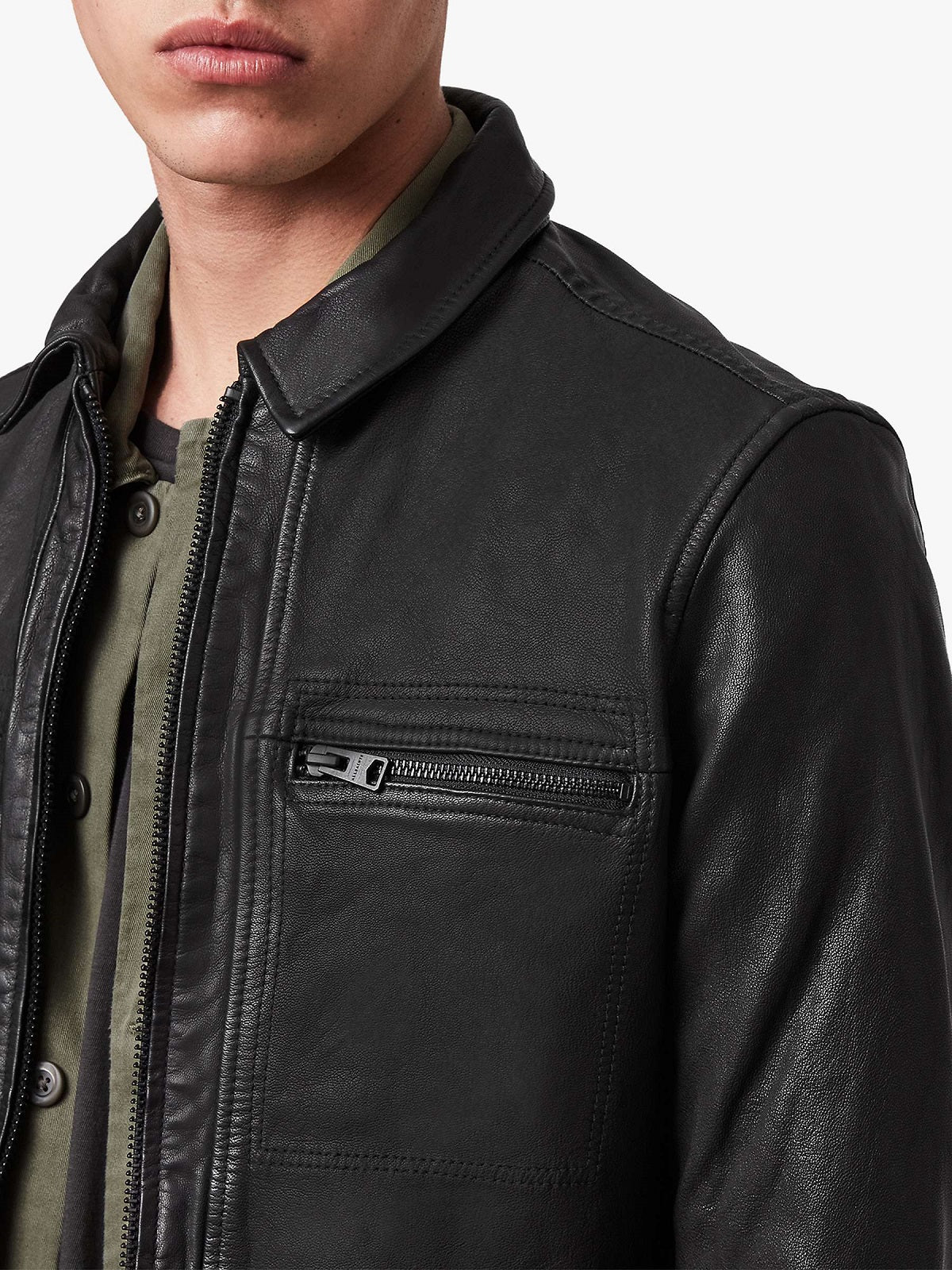 Men Solid Black Leather Jacket - Shearling leather