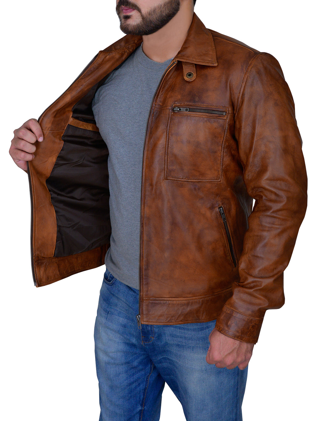 Men’s Distressed Brown Jacket - Shearling leather