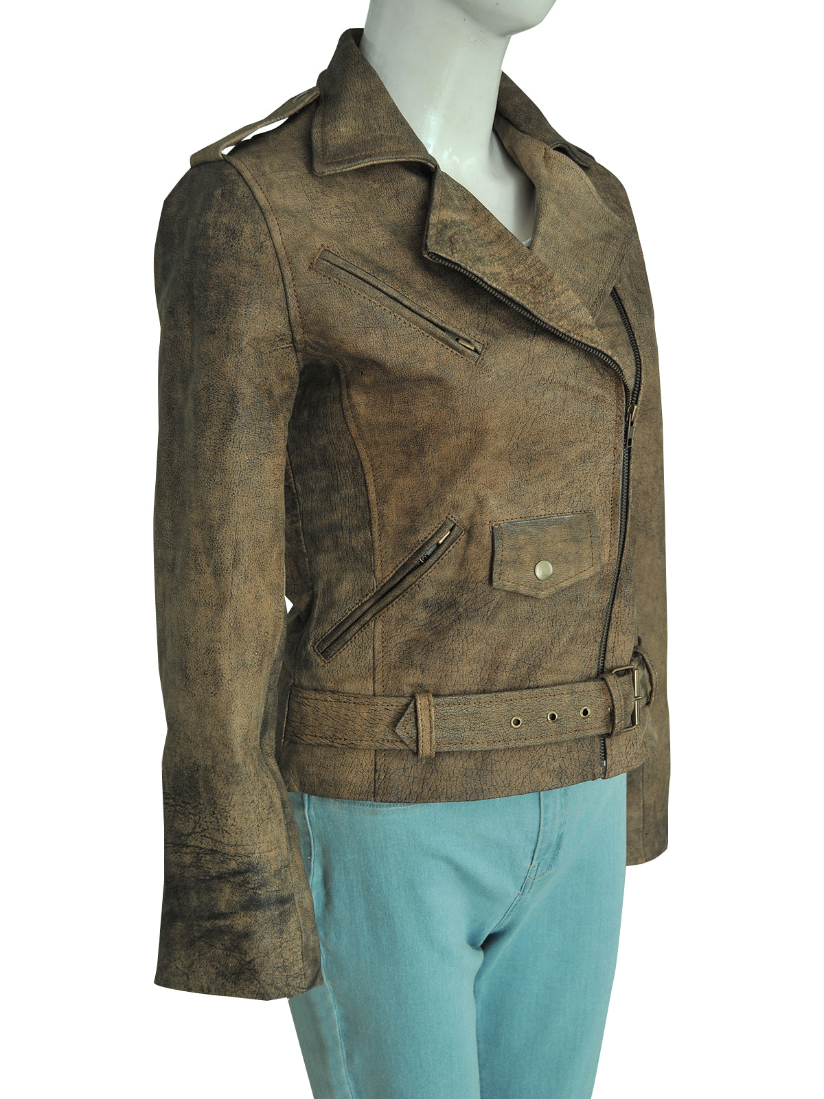 Dirty Brown Distressed Leather Jacket - Shearling leather