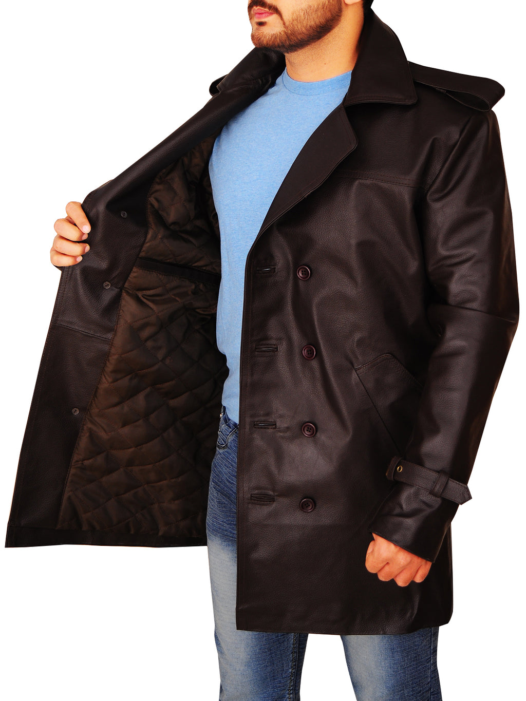 Men Brown Leather Peacoat - Shearling leather