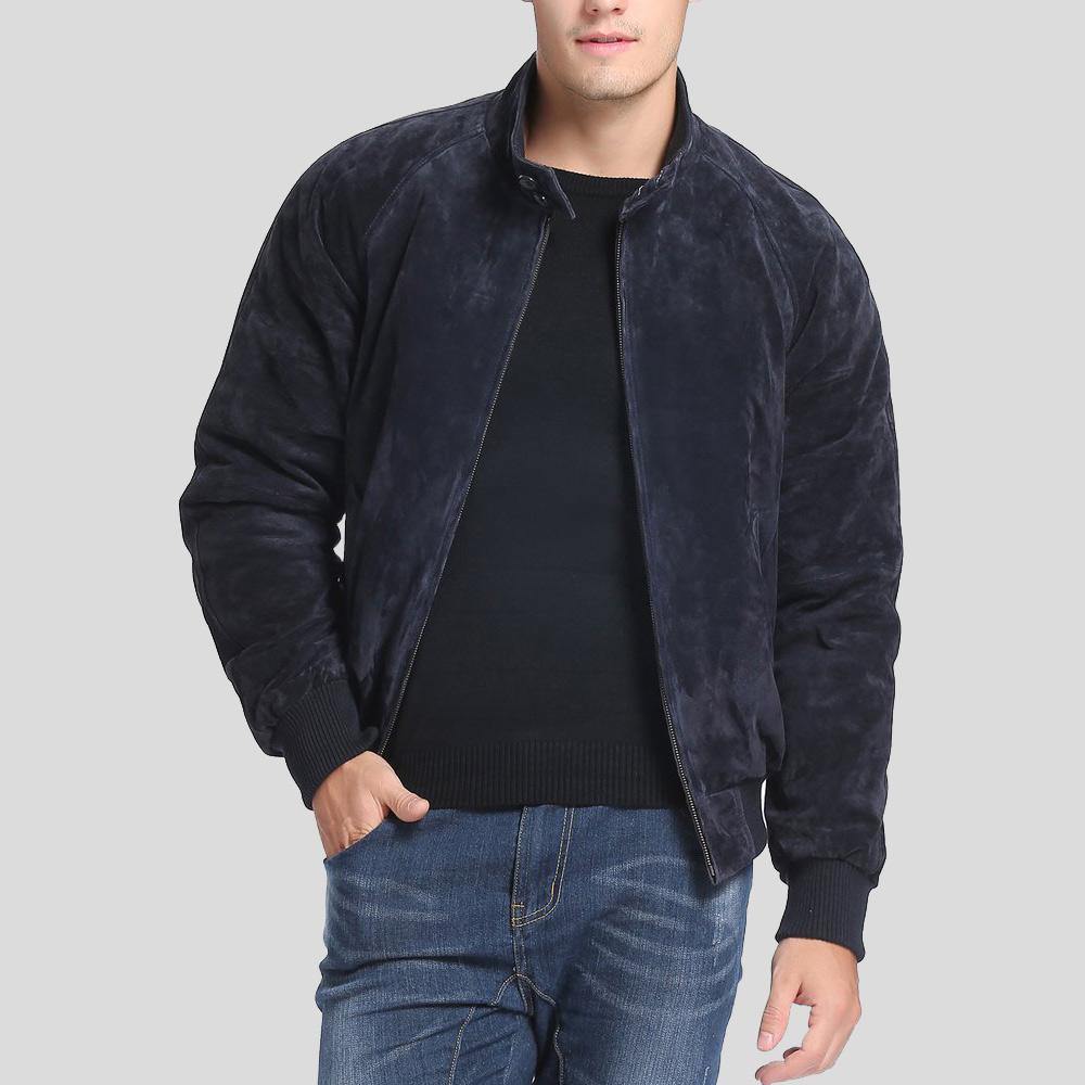 Admiral Navy Blue Suede Bomber Leather Jacket - Shearling leather