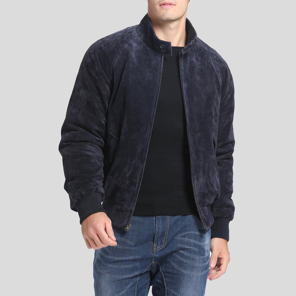 Admiral Navy Blue Suede Bomber Leather Jacket - Shearling leather