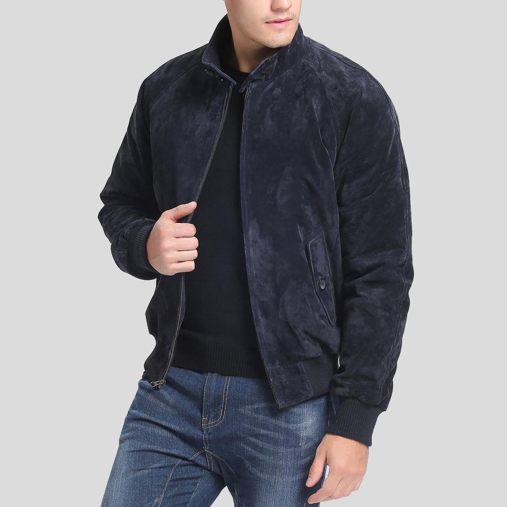 Admiral Navy Blue Suede Bomber Leather Jacket - Shearling leather
