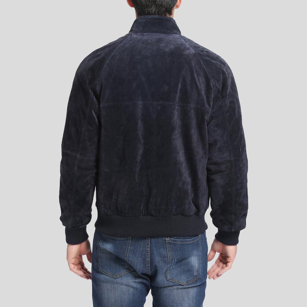 Admiral Navy Blue Suede Bomber Leather Jacket - Shearling leather