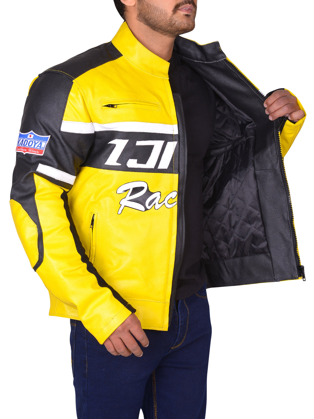 Black & Yellow Biker Leather Jacket - Shearling leather