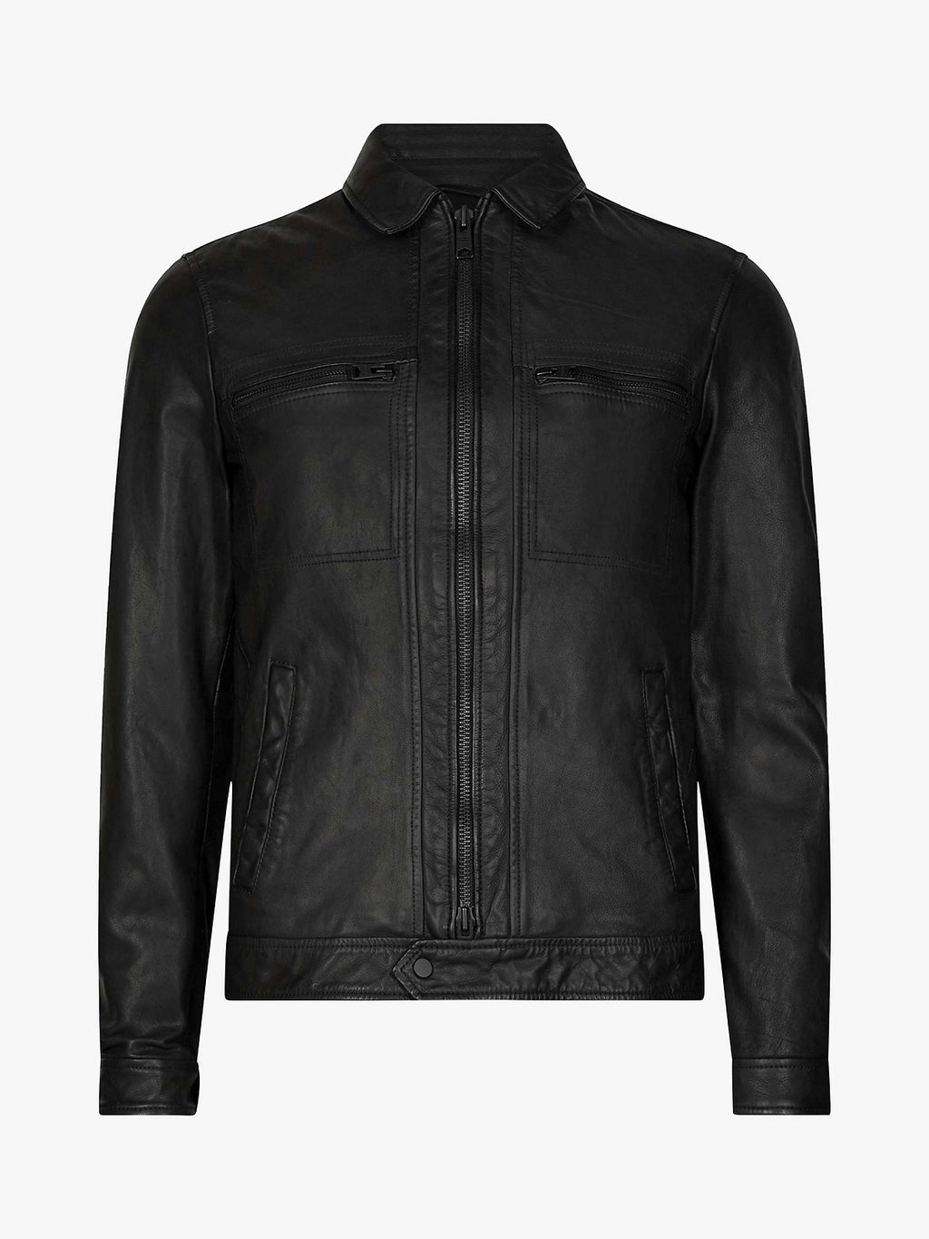 Men Solid Black Leather Jacket - Shearling leather