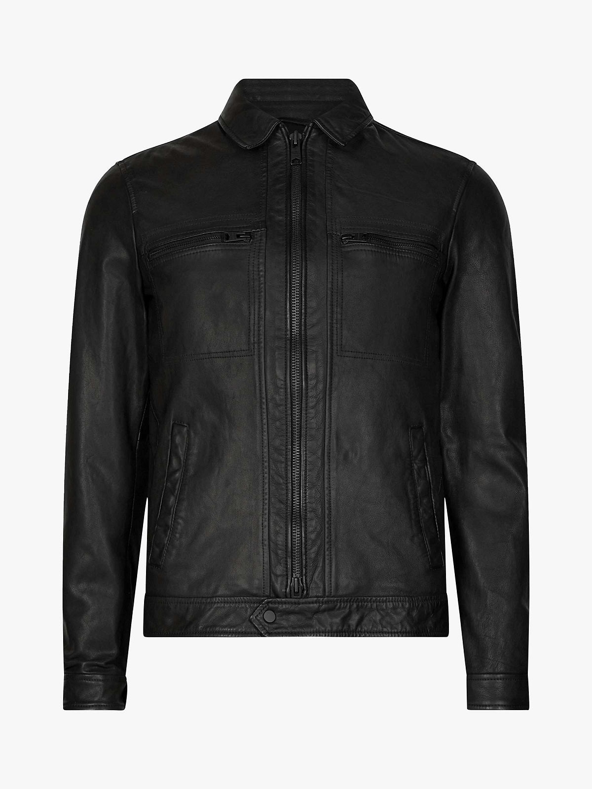 Men Solid Black Leather Jacket - Shearling leather