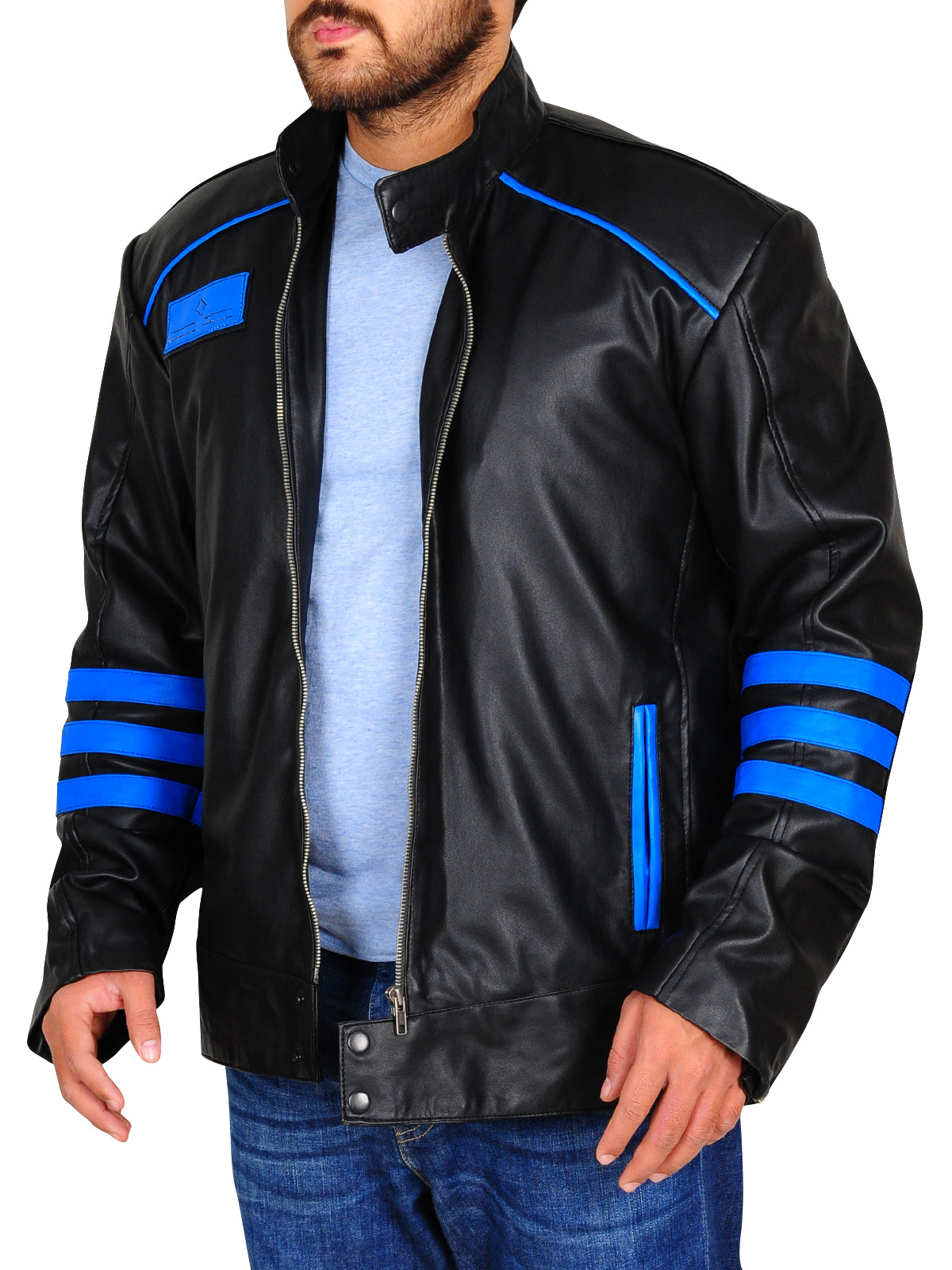 Black & Blue Biker Leather Jacket - Shearling leather