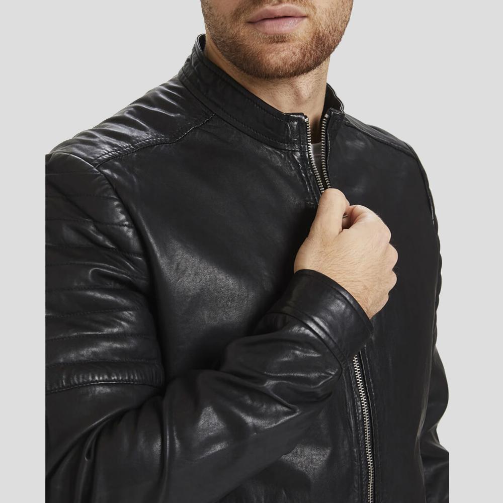 Troy Black Racer Leather Jacket - Shearling leather