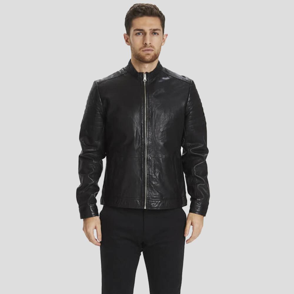 Troy Black Racer Leather Jacket - Shearling leather