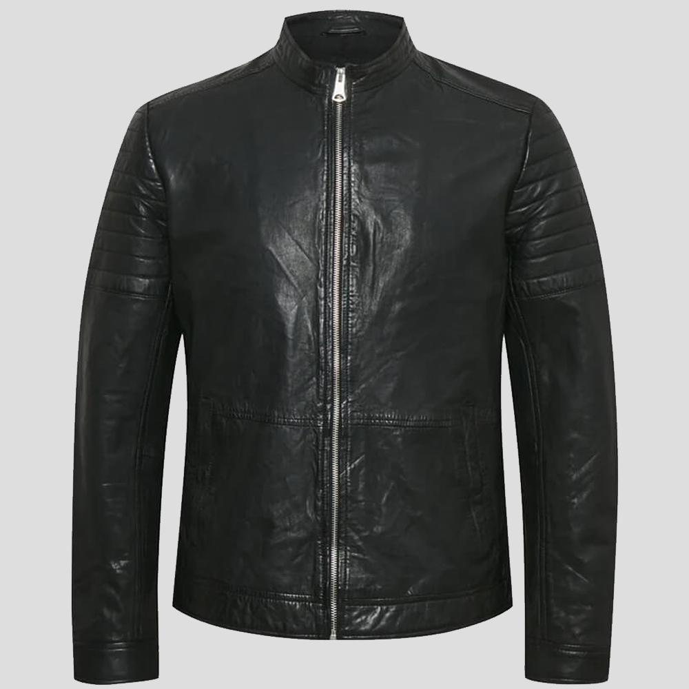Troy Black Racer Leather Jacket - Shearling leather