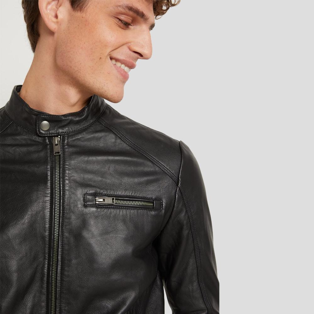 Wallace Black Racer Leather Jacket - Shearling leather