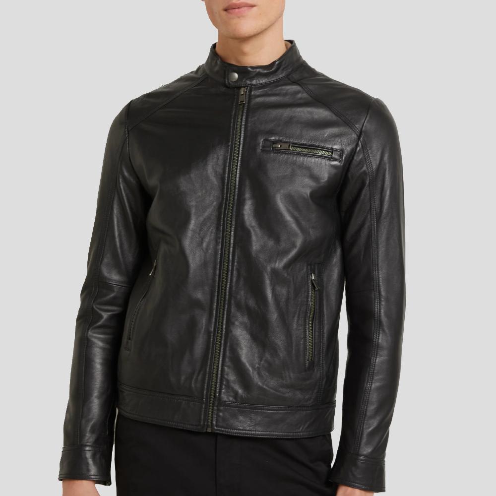 Wallace Black Racer Leather Jacket - Shearling leather