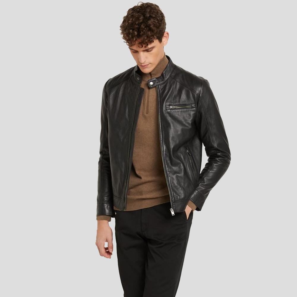Wallace Black Racer Leather Jacket - Shearling leather