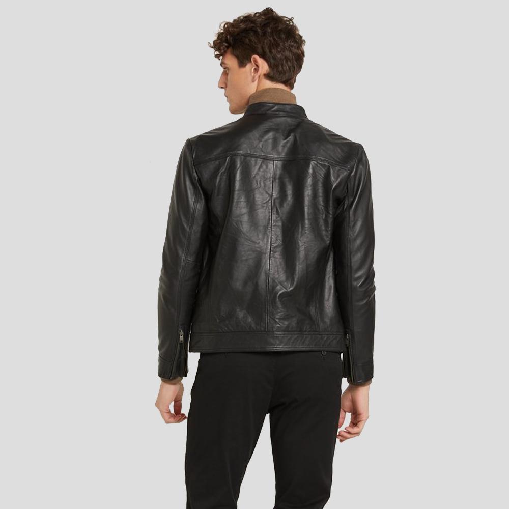 Wallace Black Racer Leather Jacket - Shearling leather
