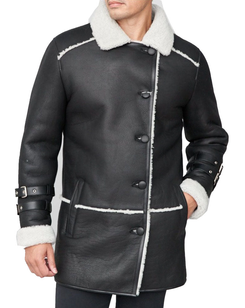 Shearling Sheepskin Car Coat Black - Shearling leather