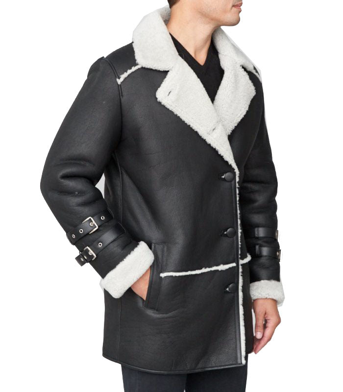 Shearling Sheepskin Car Coat Black - Shearling leather