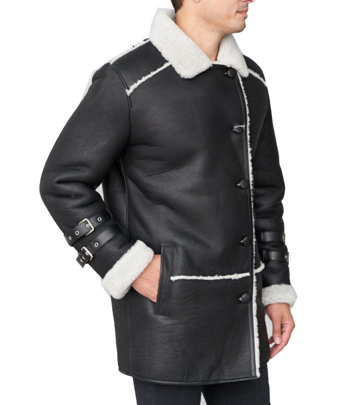 Shearling Sheepskin Car Coat Black - Shearling leather