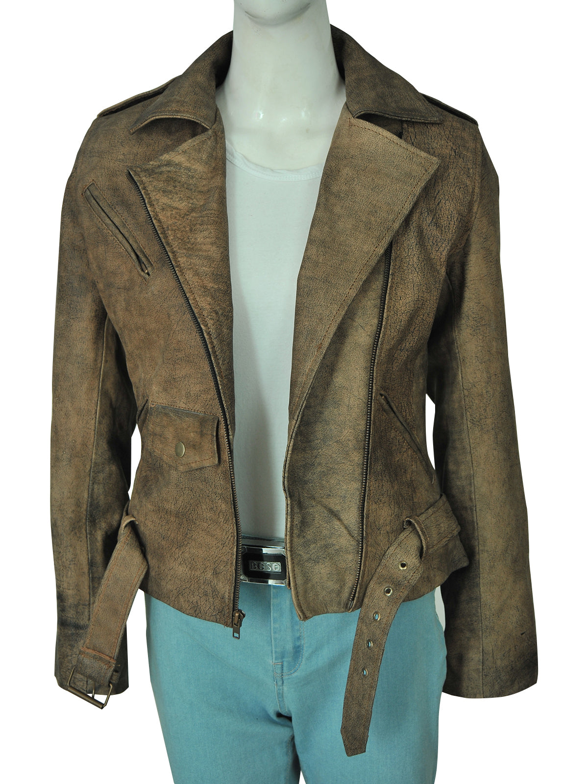 Dirty Brown Distressed Leather Jacket - Shearling leather