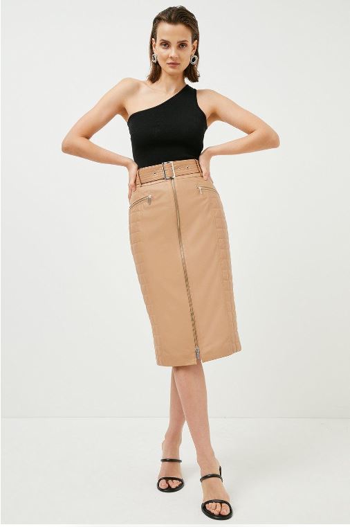 Women's Brown Quilted Leather Belted Midi Skirt With Zipper 