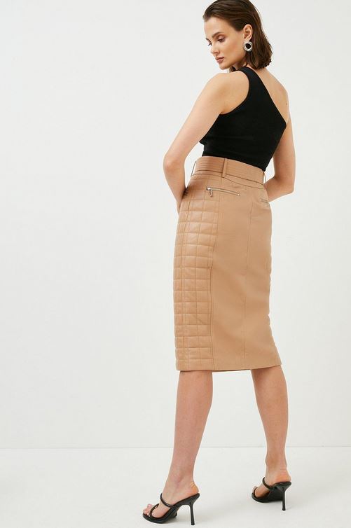 Women's Brown Quilted Leather Belted Midi Skirt With Zipper 