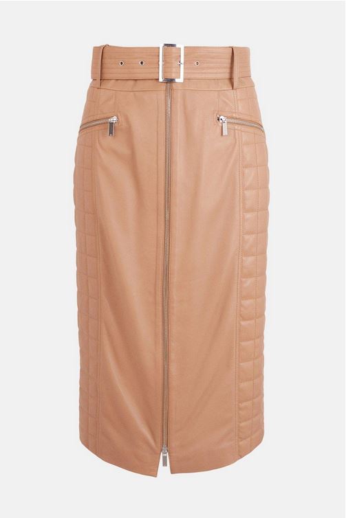 Women's Brown Quilted Leather Belted Midi Skirt With Zipper 