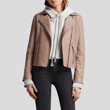 Load image into Gallery viewer, Emily Beige Motorcycle Leather Jacket - Shearling leather
