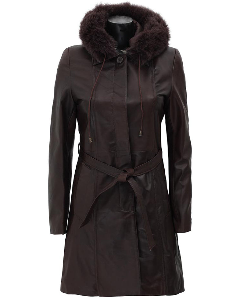 Dark Brown Leather Coat for Women With Removable Fur Hood