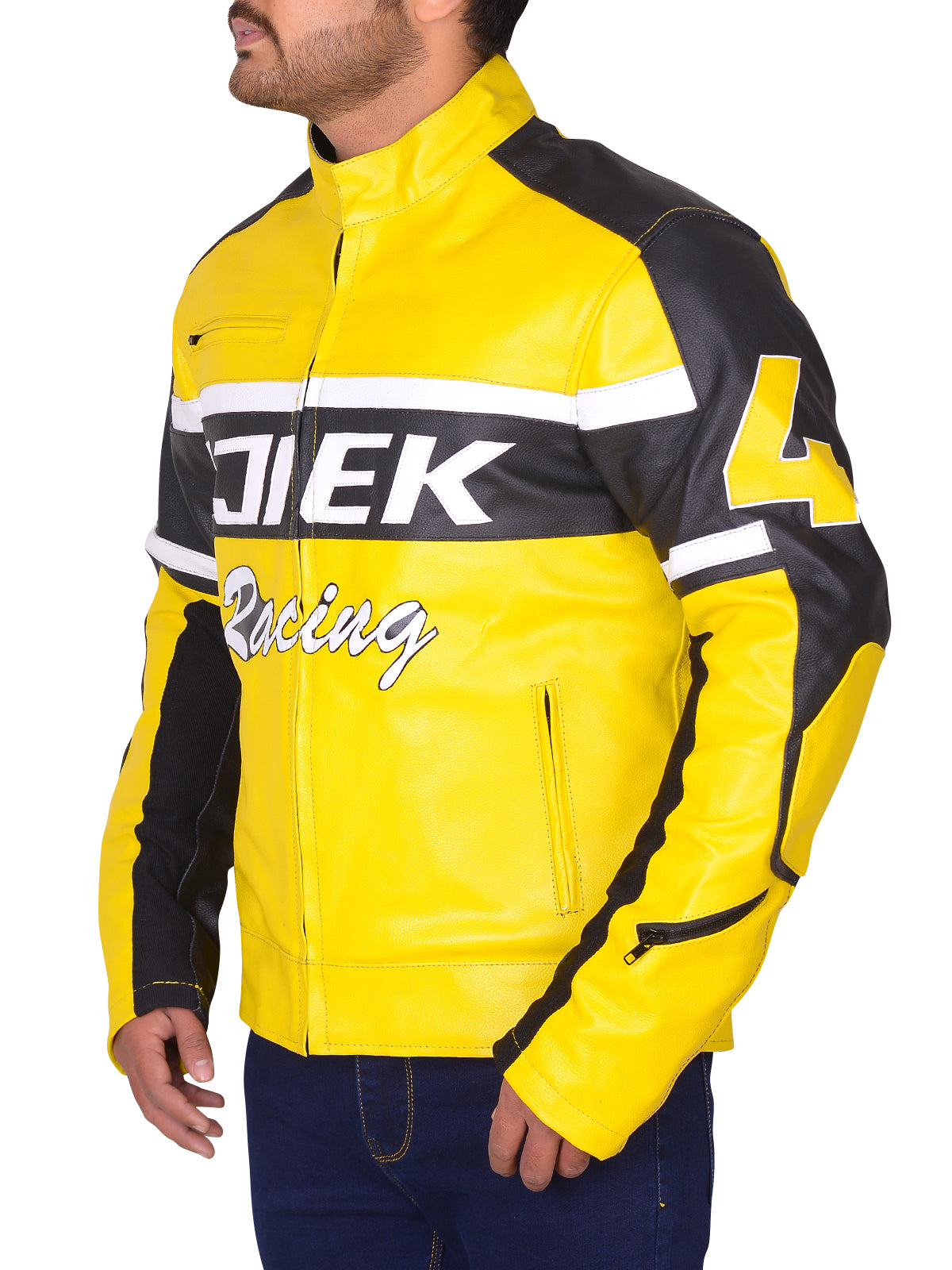 Black & Yellow Biker Leather Jacket - Shearling leather
