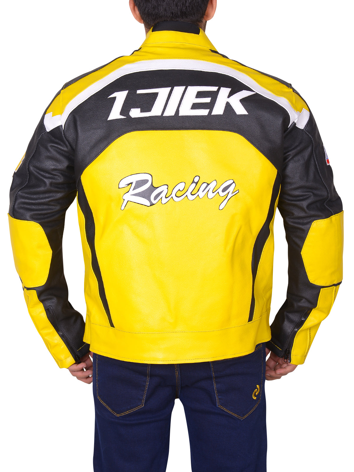 Black & Yellow Biker Leather Jacket - Shearling leather