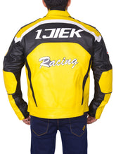 Load image into Gallery viewer, Black &amp; Yellow Biker Leather Jacket - Shearling leather
